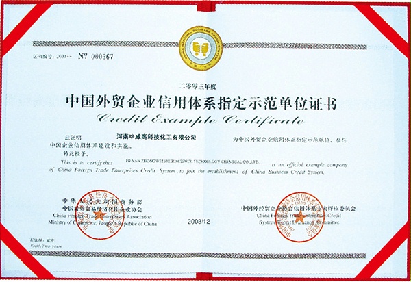 中国外贸企业信用体系指定示范单位证书